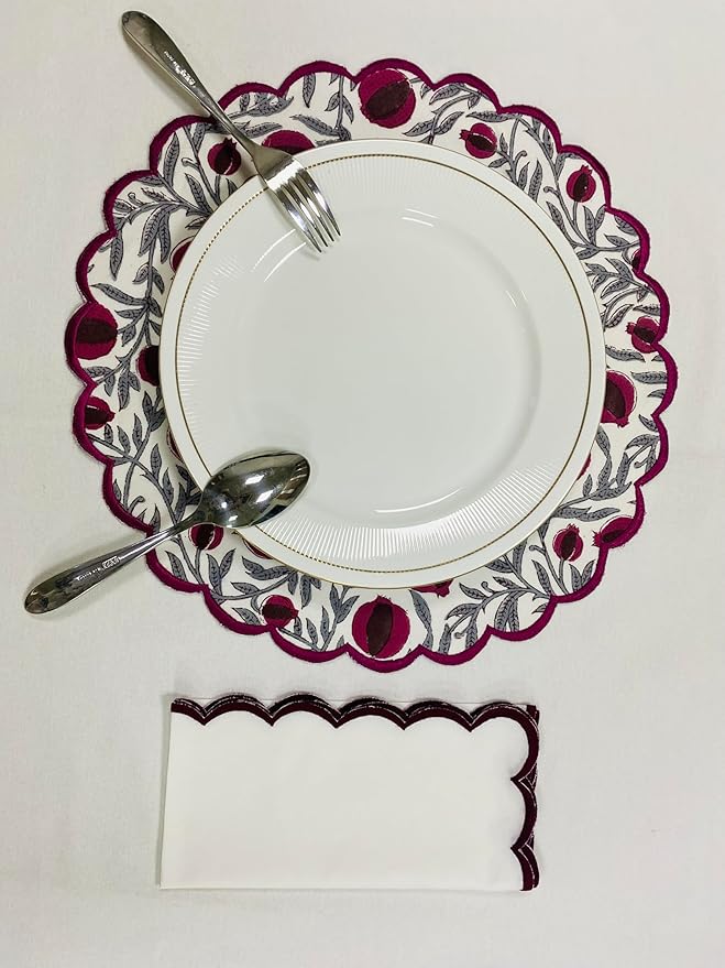 Ridhi Sangria Red Bo-ho Round Place Mat Double Layer Floral Cotton Washable Placemats 15" Round Embroidery Block Print Table Mat Pack of 4-15 Inch Round