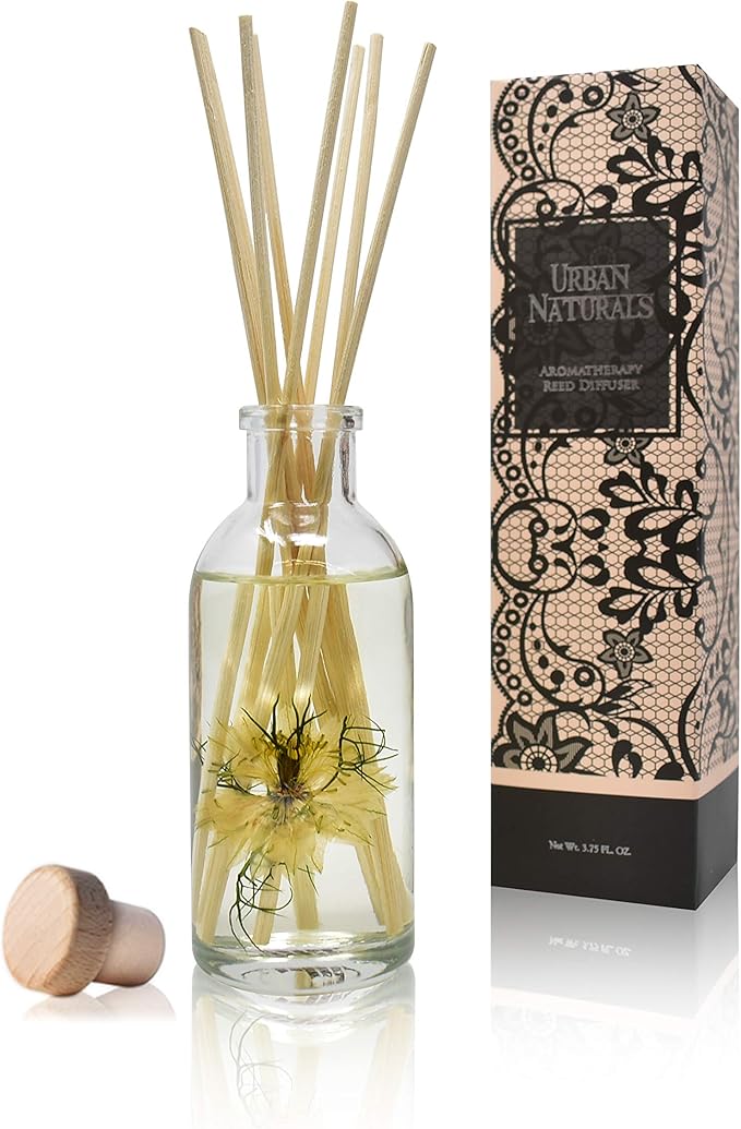 Urban Naturals Tobacco & Vanilla Reed Diffuser Scented Sticks Set | Tobacco Leaf, Bergamot, Vetiver, Bourbon and Vanilla Bean Scented Oils | Decorated with Natural Flowers | Made in The USA