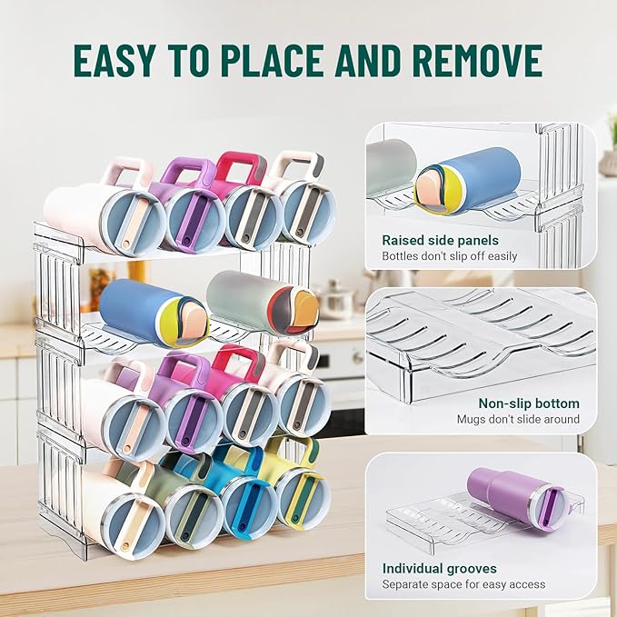 Large Tumbler Organizer for 8 Stanley Cup, Kitchen Organizers and Storage for Stanley Cup Accessories, Stackable Water Bottle Organizer Fits 20/30/40 oz Cup, Good for Fridge Kitchen Storage