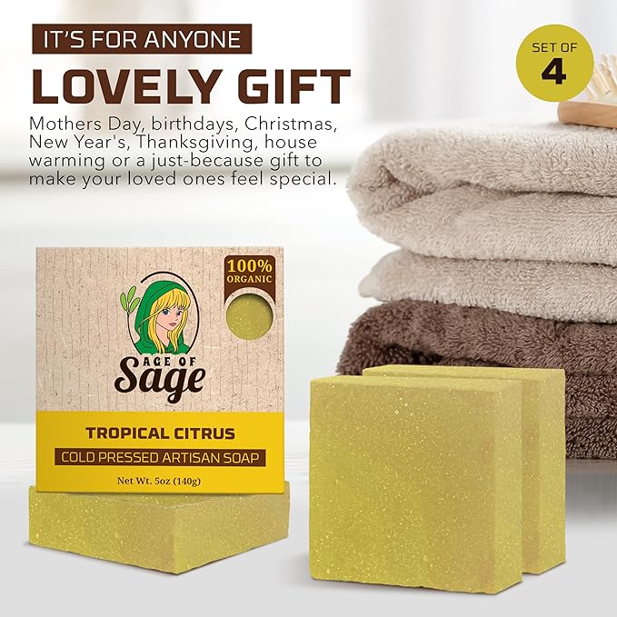Natural Bar Soap for Women - Vegan Bath Soap Bars Gift Set - Handmade Cold Process Artisan Soap with Essential Oil, All Moisturizing Wash Soaps, Fragrant Tropical Citrus Scent by Age of Sage (4 Pack)