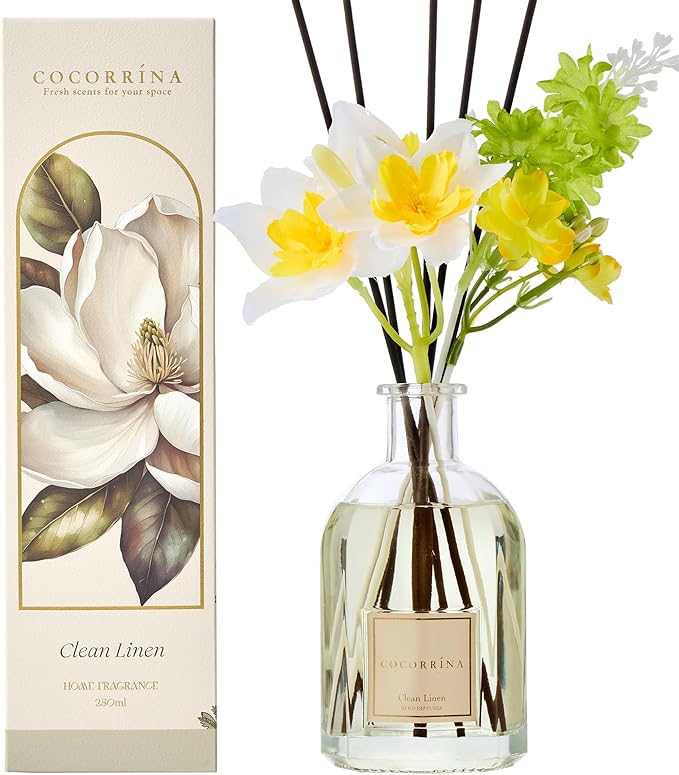 COCORRÍNA Reed Diffuser - Clean Linen 8.5 Fl.oz/ 250ml Flower Diffuser with 8 Sticks, Reed Diffusers for Home Bathroom Shelf Decor (Botanical Flower Collection)