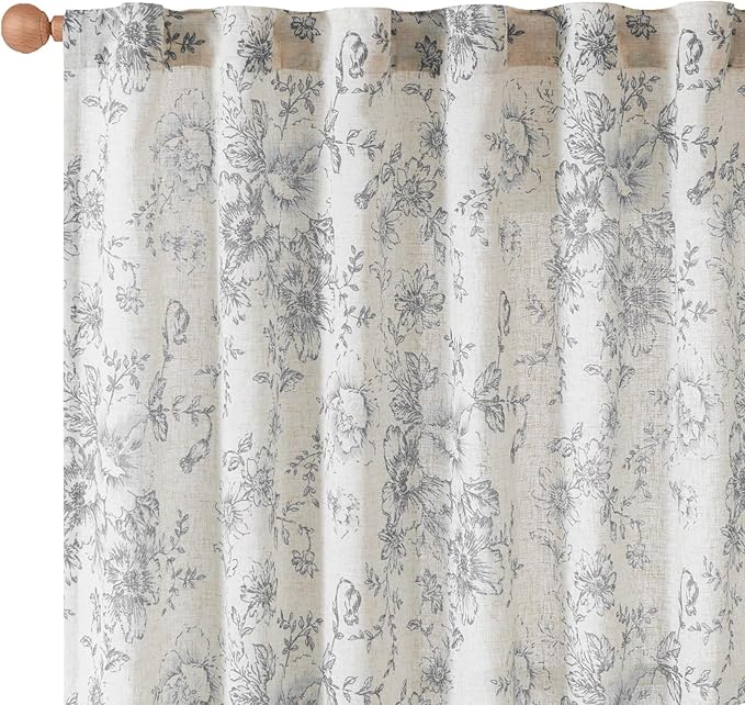 jinchan Linen Blend Curtain Floral Curtains for Living Room 96 Inch Length Grey Printed Curtain Back Tab Farmhouse Peony Flower Patterned Drapes Bedroom Window Curtains Set 2 Panels