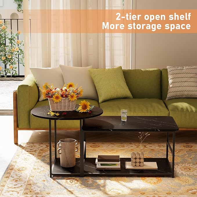 WOHOMO Coffee Table, Black Modern Coffee Tables for Living Room 2 in 1Detachable Small Center Table Set with Storage, Black Marble