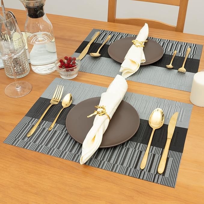 Winknowl Placemats, Set of 6 Heat Resistant Stain Resistant Non-Slip Woven Vinyl Insulation Placemats, Washable Durable Elegant Table Mats for Dining (Black)