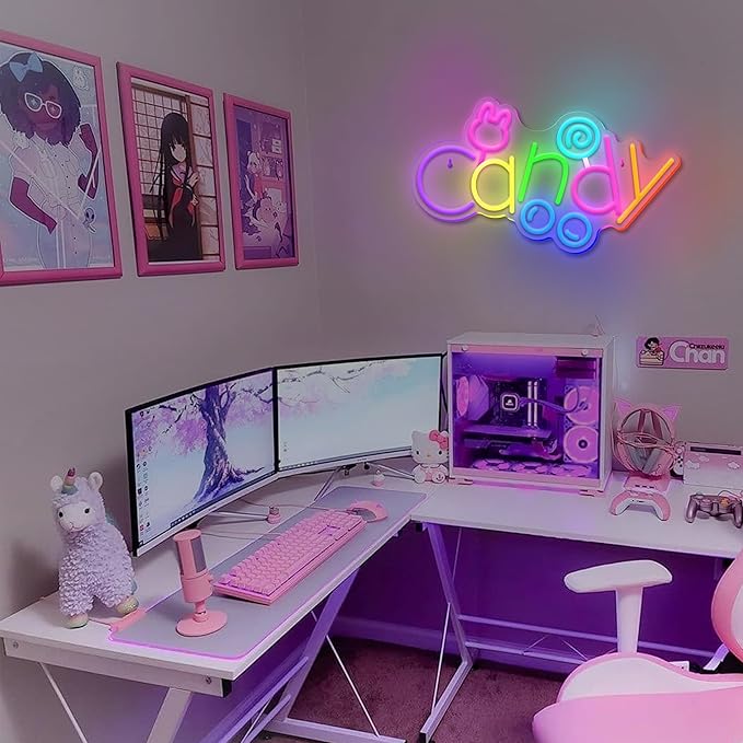 Candy Neon Sign USB Powered LED Bunny Candy Neon Signs Dimmable LED Neon Lights for Bedroom Candy Bar Shop Candy Cart Display Halloween Party Candy Land Party Art Decoration Birthday Gifts