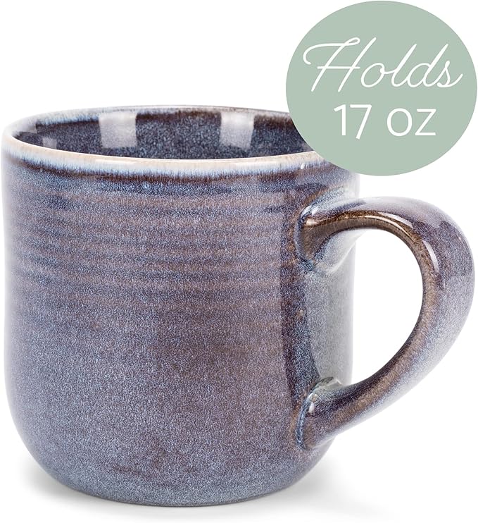 Elanze Designs Glossy Reactive Glaze Large 17 Fluid Ounce Everyday Kitchen Food Grade Ceramic Stoneware Coffee Mug Cup with Comfort Curved Handles, Set of 4, Purple Ombre Blue