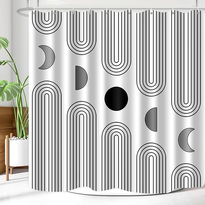 Boho Shower Curtains for Bathroom Mid Century Minimalist Abstract Aesthetic Modern Bathroom Decor Curtain Machine Washable Waterproof Fabric with 12 Hooks (White Minimalist, 72" x 72")
