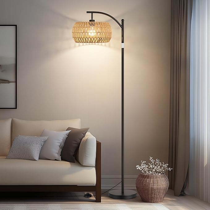 ROTTOGOON Boho Floor Lamp with Dimmable Bulb, Rattan Shade, Boho Standing Tall Lamps with Foot Switch, Black Bohemian Floor Lamps for Living Room, Bedroom, Office