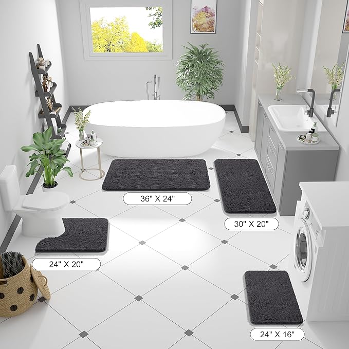 OLANLY Bathroom Rugs 70x24, Extra Soft Absorbent Chenille Bath Rugs, Rubber Backing Quick Dry, Machine Washable Bath Mats for Bathroom Floor, Tub and Shower, Home Decor Accessories, Dark Grey