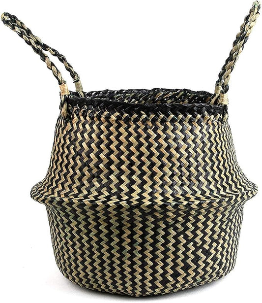 Woven Seagrass Belly Basket for Storage, Plants, Laundry, Picnic and Groceries (Medium, Black Strips)