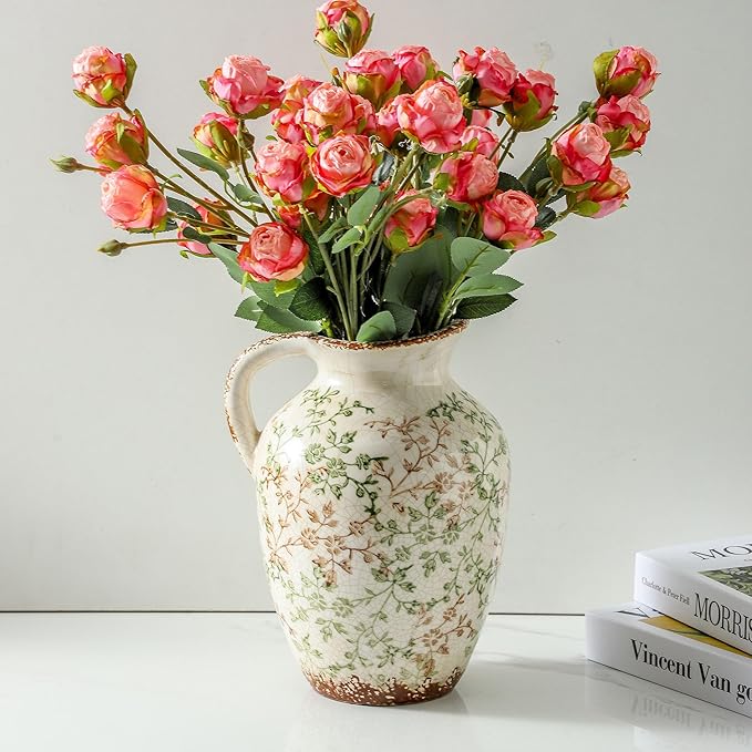 Enra Vintage vase,Ceramic Chinoiserie Floral Vase,Green and Beige Decorative Flower vase,Large Rustic Vases for Home Decors, Living Room, Bookshelf, Office，9.7 inch