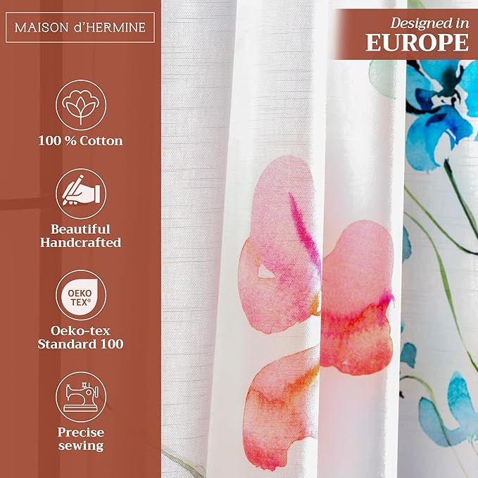 Maison d' Hermine Curtains for Living Room 100% Cotton 96 inch Length One Panel Light Filtering Curtains for Bedroom Windows with Rod and Loop Pockets Drapes (Delphinium White, 50" W x 96" L)