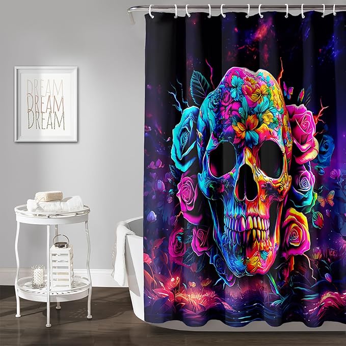 AILONEN Sugar Skull Shower Curtain for Bathroom,Romantic Rose Flower Skull Bath Curtain Decoration,Colorful Skeleton Print Waterproof Purple Curtain with 12 Plastic Hooks, 60" W*72" H
