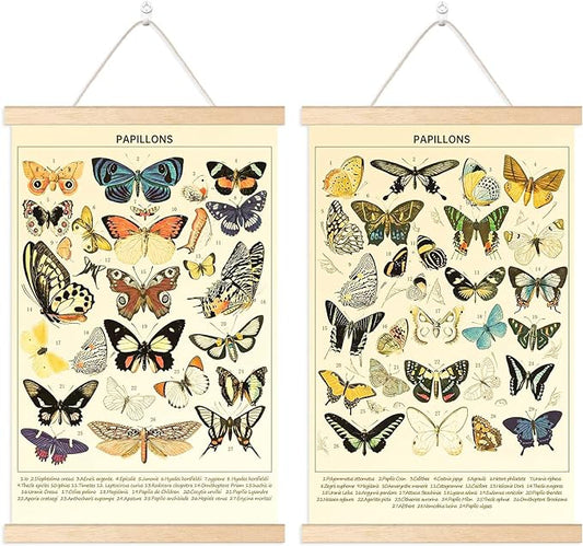 Chenkaiyang 2 Pcs Vintage Butterfly Hanging Poster,Butterfly Wall Hanging Rustic Retro Wall Art Prints Butterfly Chart Poster for Living Room Decor,18.9 X 11.8 Inch