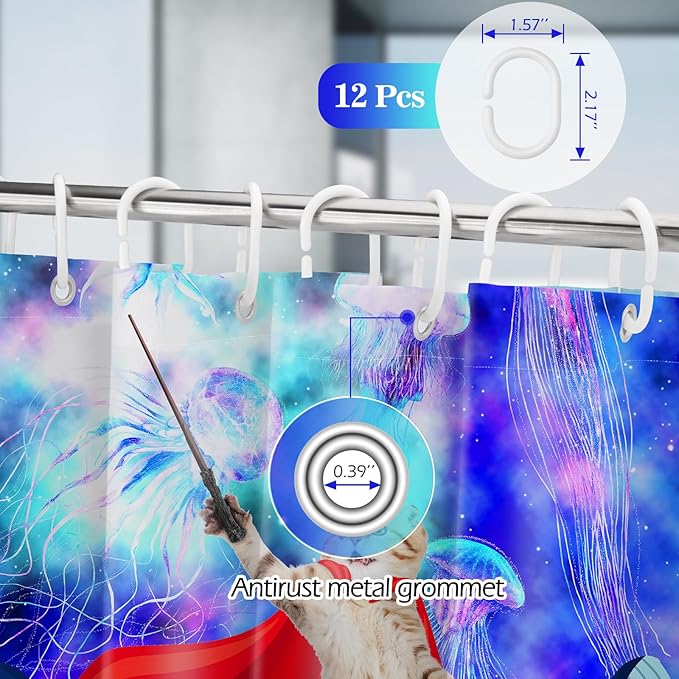 Aimego Long Funny Shower Curtain - Cute Cat Riding Whale on Space Galaxy Fantasy Jellyfish Fabric Cloth Shower Curtain Set with 12 Hooks for Kids Bathroom Decor Accessories Bathtub Curtain, 72"x78"