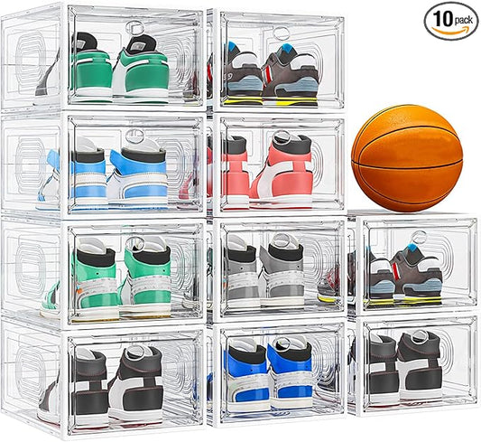 10 Pack Thicken Shoe Organizer Stackable,Upgraded Sturdy Shoe Storage Box with Magnetic Door,Shoe Containers For Sneaker Display,Hat Organizer,White