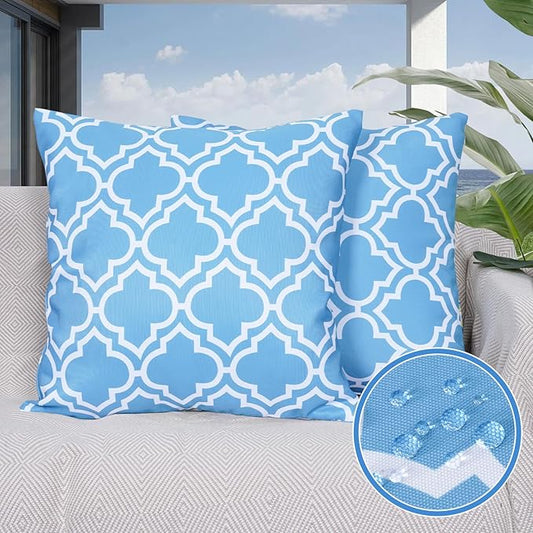 Eternal Beauty Set of 2 Outdoor Decorative Pillow Covers Waterproof Outdoor Pillow Covers for Spring Summer Patio Throw Pillows, 18X18 inches, Light Blue