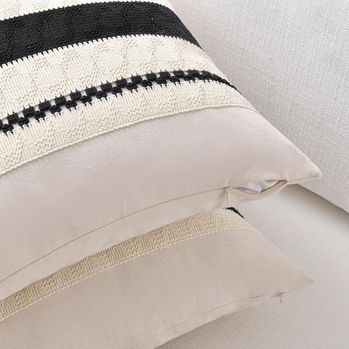 Fancy Homi Set of 2 Boho Black Lumbar Decorative Throw Pillow Cover 12x20 Inch for Couch Bed Sofa Chair, Modern Organic Farmhouse Home Decor, Soft Cotton Cute Accent Rectangle Cushion Case