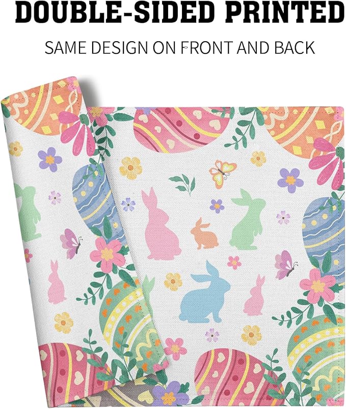 Easter Placemats Set of 4 Colorful Eggs Flowers Easter Bunny Rabbits Heat Resistant Washable Spring Seasonal Table Mats 12x18 Inch for Holiday Party Kitchen Dining Decoration