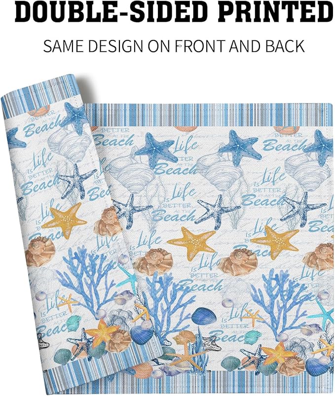 Ocean Starfish Placemats Set of 4 Beach Theme Seashell Coastal Washable Non-Slip Heat Resistant Linen Fabric Summer Thick Place Mats Decorative Table Mat 12×18 Inch for Dining Table Decor