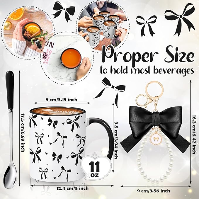 Sliner Black Coquette Bow Coffee Mug Wedding Bridal Shower Gift Set Engagement Gift Ideas 11oz Aesthetic Ceramic Cup with Bow Keychain and Spoon Preppy Mug for Women Bride Christmas Birthday
