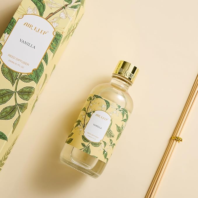 Airkeep Reed Diffuser Oil Set with Reed Sticks,Vanilla Aromatherapy Oil Scent Diffuser for Home Office Bathroom Decoration Perfume and Gifts 6.76 oz/200ml