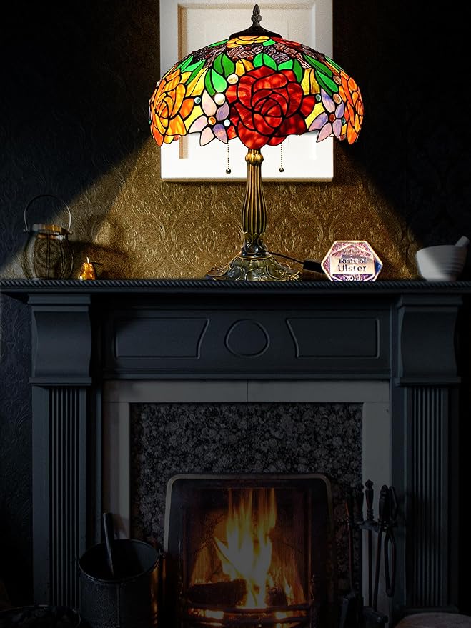 KY&BOSAM Tiffany Style Table lamp Stained Glass Table Lamps Art Style Desk Lamp 24 Inch Tall Glass 16 Inch Wide Shade Beside 2 Bulb Antique Zinc Base for Home Living Room Bedroom Kitchen Family Decor