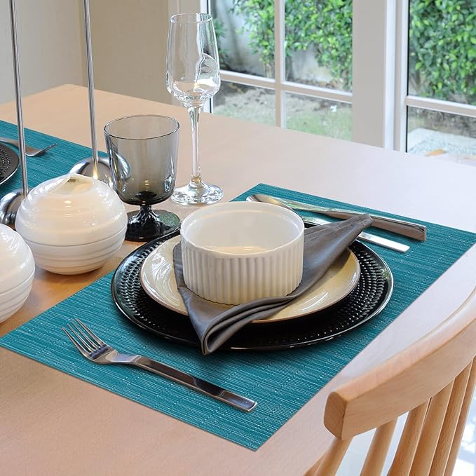 Winknowl Placemats Set of 4, Heat Resistant Stain Resistant Woven Vinyl Insulation Place mats, Durable Washable Elegant Table Mats for Kitchen Dining Table Decor (Teal Blue)