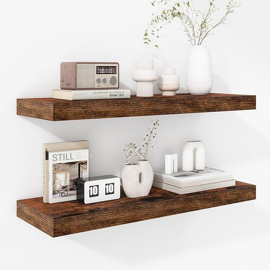 Fun Memories 24 Inch Floating Shelves - Deep Rustic Wooden Wall Shelves - Extra Deeper & Thicker Wall Mounted Storage Shelf for Bedroom, Kitchen, Farmhouse - 2 Pack, Rustic Brown