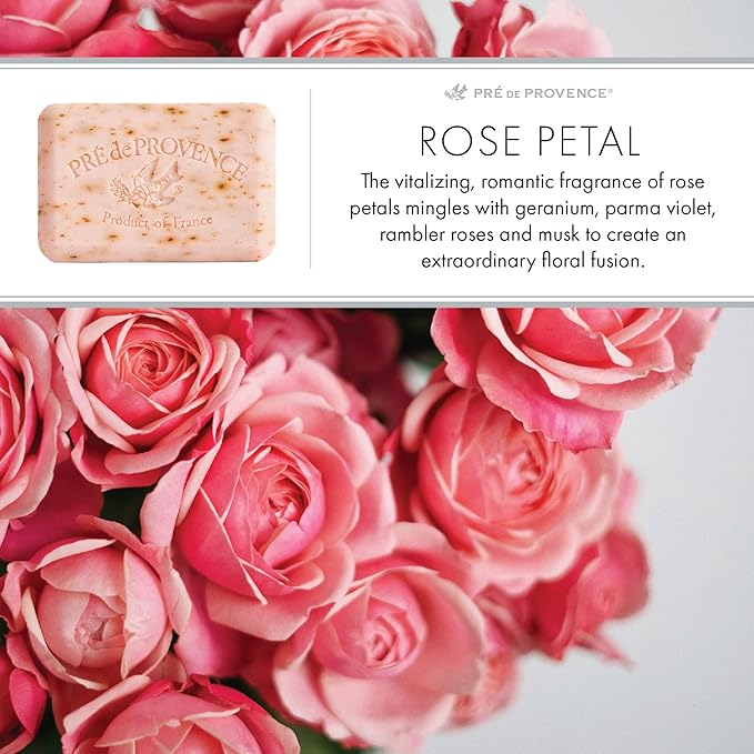 Pre de Provence Artisanal French Moisturizing Soap Bar, Shea Butter Enriched, Quad Milled for Long Lasting Rich Smooth Lather, 5.3 Ounce, Rose Petal