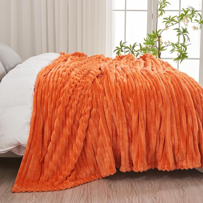 NEWCOSPLAY Super Soft Fall King Blanket Orange Premium Silky Flannel Fleece 3D Ribbed Jacquard Lightweight Bed Blanket All Season Use (Orange Ribbed, King(90"x110"))