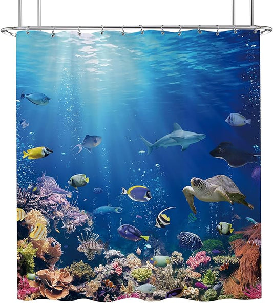 Blue Ocean Fish Shower Curtain 72x72 Tropical Marine Life Under The Sea Shower Curtain for Bathroom Modern Underwater Coral Turtle Bathtub Curtain Nature Blue Summer Beach Bathroom Decor