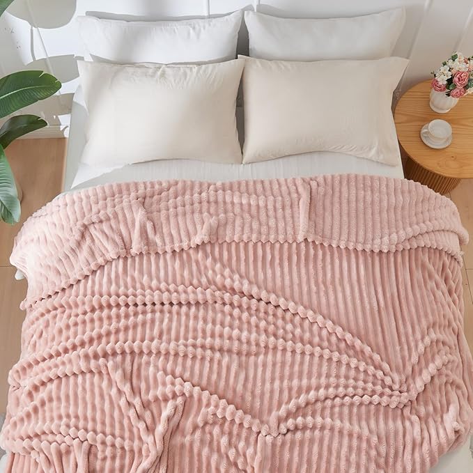 NEWCOSPLAY Super Soft King Blanket Pink Premium Silky Flannel Fleece 3D Ribbed Jacquard Lightweight Bed Blanket All Season Use (Pink Ribbed, King(90"x110"))