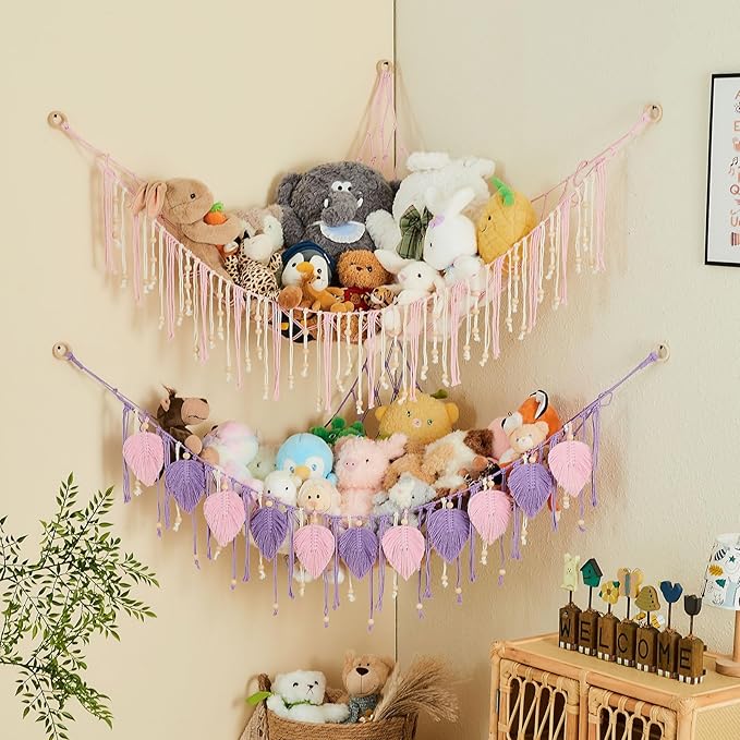 Pretty Jolly Stuffed Animal Storage Hammock with Wooden Beads Corner Hanging Net Boho Tassel for Toy Plush Holder for Kid Room Nursery Decor Wall Display Organizer for Girls Boy Gift(Light Pink)