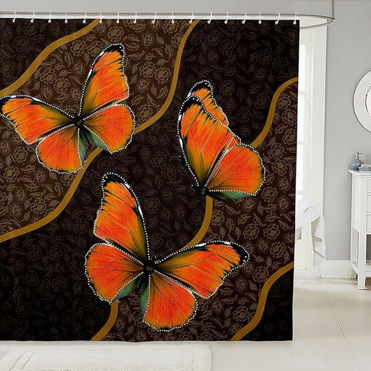 Feelyou Butterfly Shower Curtain 72"x78" Kids Butterflies Botanical Floral Print Bathroom Shower Curtain Set for Boys Girls Teens Geometric Stripes Bath Curtain Yellow Orange Bathroom Accessories
