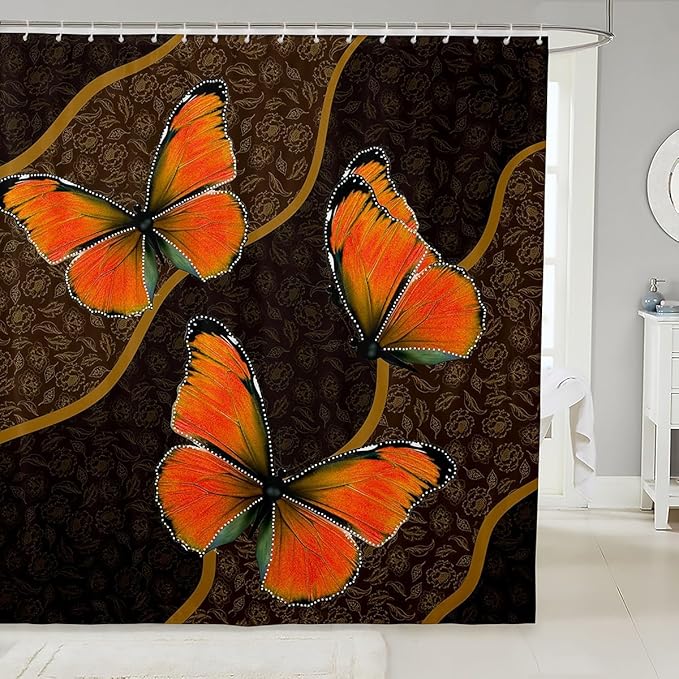 Feelyou Butterfly Shower Curtain 72"x84" Kids Butterflies Botanical Floral Print Bathroom Shower Curtain Set for Boys Girls Teens Geometric Stripes Bath Curtain Yellow Orange Bathroom Accessories