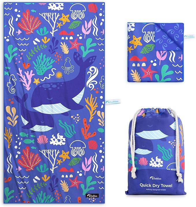 Kids Beach Towel 60''x30'', Quick Dry, Sand Free, Compact, Lightweight, Absorbent, Girls & Boys Large Microfiber Towels for Pool, Swim, Cruise Essentials, Whale
