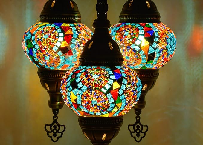 mozaist 3 Globe Turkish Mosaic Table Lamp, Stained Glass Tiffany Style Moroccan Desk Light, Handmade Vintage Antique Entryway Decorative Colorful Lighting with US Plug & E12 Socket (Multi-Colored)