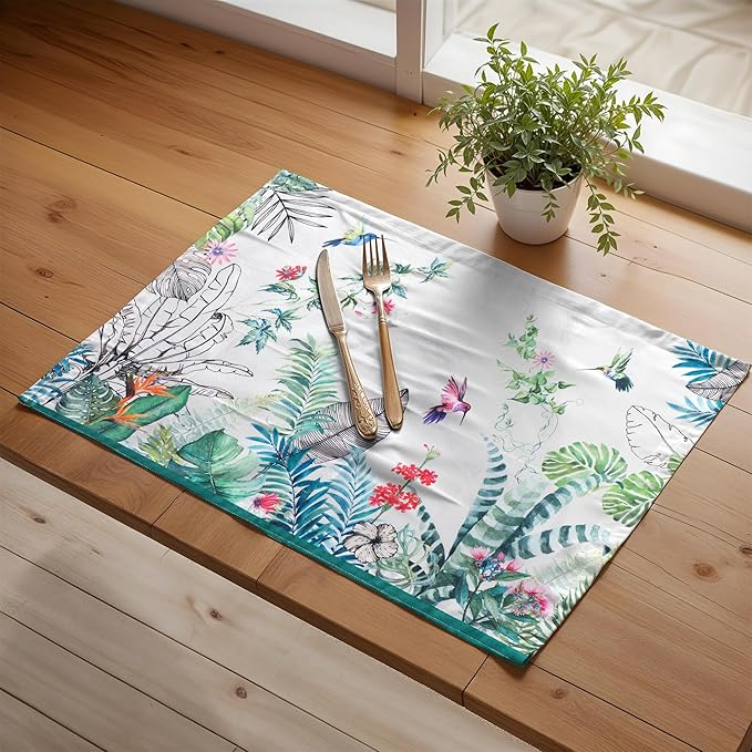 Maison d' Hermine Placemats Set of 4 100% Cotton Washable Cloth Place Mats, Reusable Table Mats for Kitchen Dining Decoration, Party, Wedding, Restaurant Spring/Summer (Tropiques, 13" x 19")