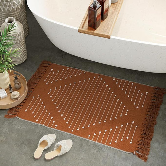 LIVEBOX Boho Bathroom Rug 2' x 3' Washable Burnt Orange Small Moroccan Throw Rug for Bath,Cotton Woven Area Rug Carpet with Tassel for Entryway Kitchen Sink Front Door Fall Bathroom Decor