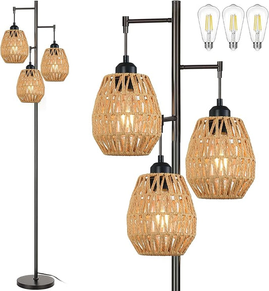 Boho Floor Lamp for Living Room,Industrial Rattan Floor Lamp with 3 Rattan Woven LampShade,Black Standing Lamp Rustic Tall Lamp Light Wicker Tree Floor Pole Lamp for Bedroom,Office,Corner