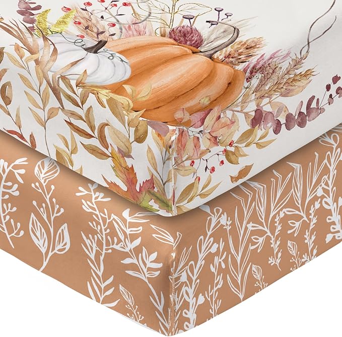 Horaldaily 2 Pack Fitted Crib Sheet for Boys Girls,Soft Breathable Washable Jersey Microfiber Baby Crib Sheet, Fits Standard Size Crib Mattress 28in x 52in, Floral Wheat Nursery Sheet White/Orange