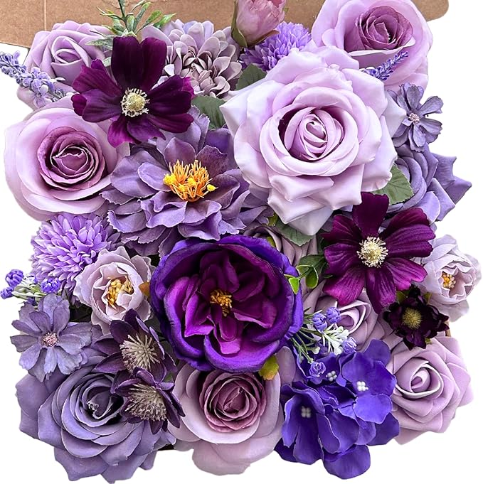 ASTRYAS Artificial Purple Flowers Combo Box Set Mix Silk Flowers Dahlia Roses with Stems for DIY Wedding Bouquets Centerpieces Arrangements Party Bridal Baby Shower Home Decorations