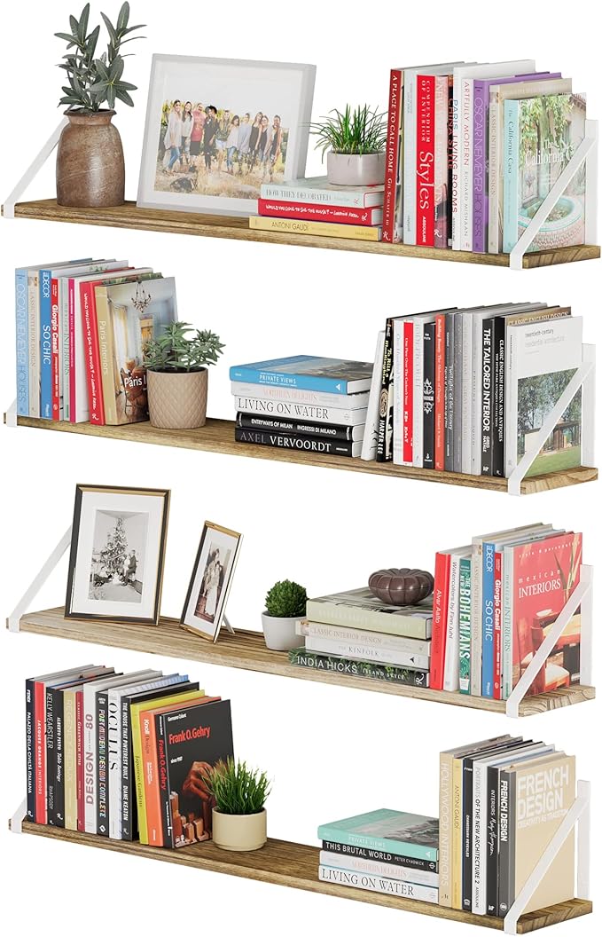 Wallniture Bora 36" Long Floating Shelves, Rustic Wall Shelves for Living Room, Kitchen, Bathroom, Office, Wall Bookshelf, Set of 4, Burnt