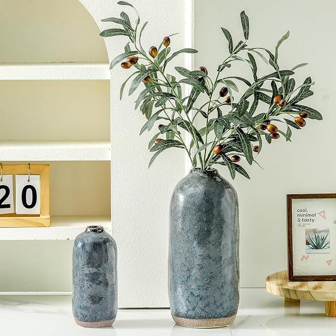 Flower Vase,Grey Blue Ceramic Vases Set of 2,Flower Vase for Home Decor,Decorative Vase for Pampas Grass, Boho Decorative Vase for Home Living Room Dining Table Farmhouse Office Decor