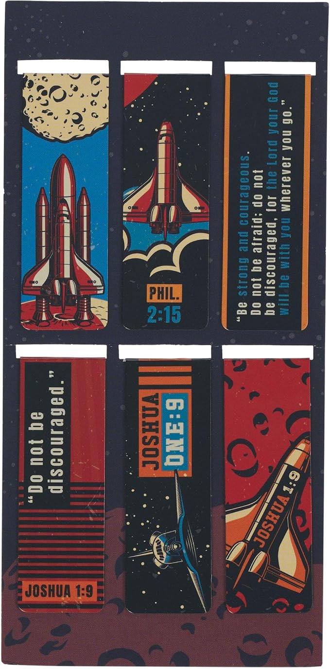 Christian Art Gifts Magnetic Scripture Bookmark Set for Boys & Girls: Strong & Courageous Bible Verse, Multicolor Outer Space Travel Theme, Books, Bibles, Notes, Refrigerators, 6 Piece Set 2.3" x 0.8"