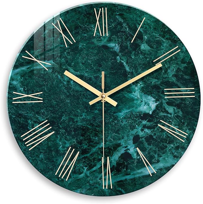 Teal Wall Clock Battery Operated 14 Inch Modern Abstract Clocks for Living Room Decor Marble Pattern Glass Analog Wall Clock Silent