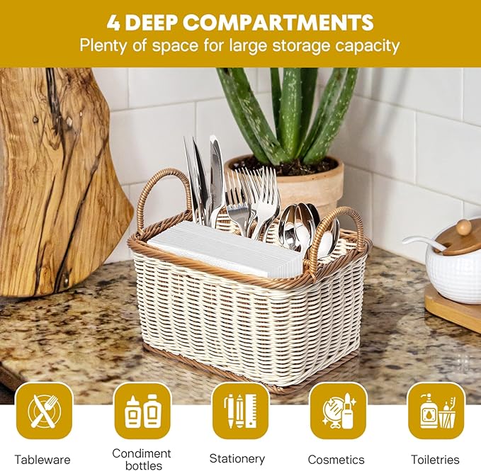 Silverware 4- compartment storage basket woven rattan- desktop basket rectangular organiser box shelves& desks decorative basket for sundries stationery cosmetics Utensil