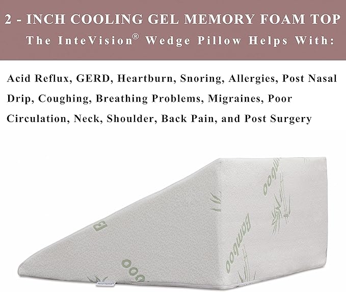InteVision Foam Bed Wedge Pillow (25 x 24 x 12 inches) and Headrest Pillow in One Package - Helps Relief from Acid Reflux, Post Surgery, Snoring - 2 inches Memory Foam Top