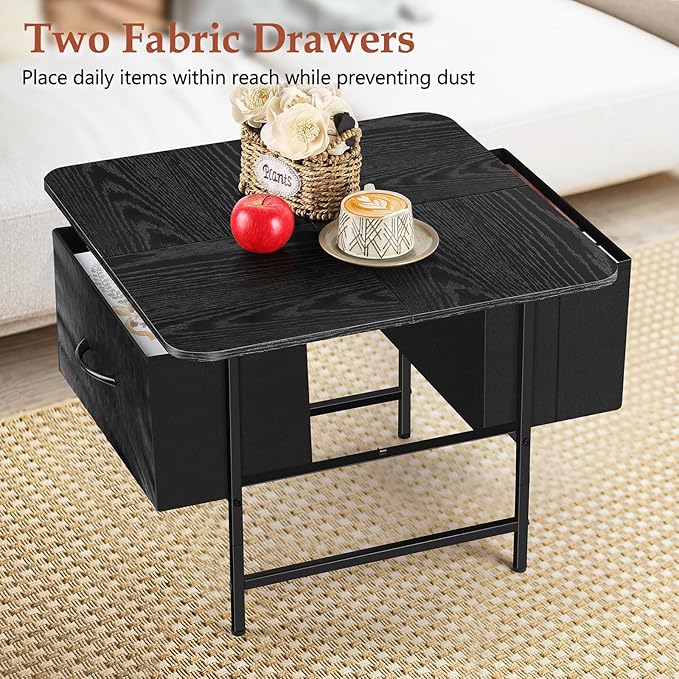 Black Coffee Tables for Living Room Modern Square Coffee Table with 2 Storage Drawers Small Coffee Tables for Small Spaces Wooden Center Table for Living Room Bedroom Guest Room